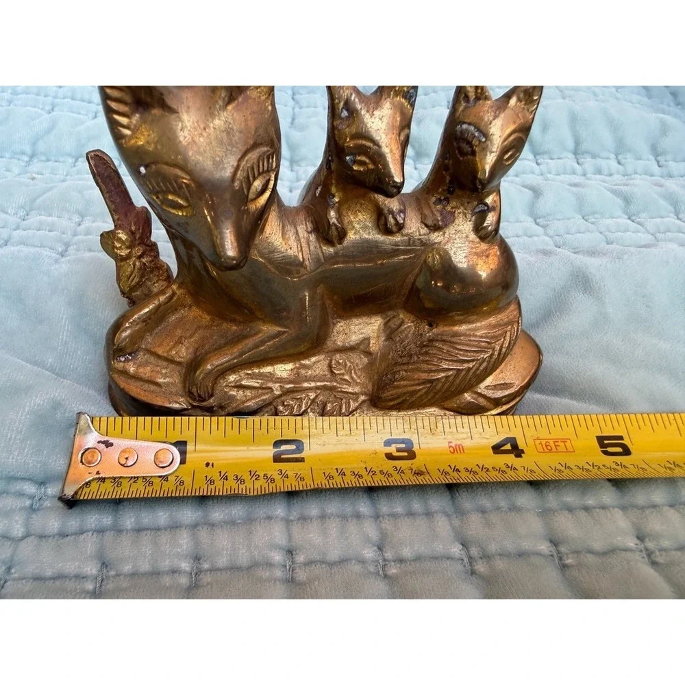 Vintage H.B. Product Cast Brass Fox Figurine Mother with Two Babies Kits Statue